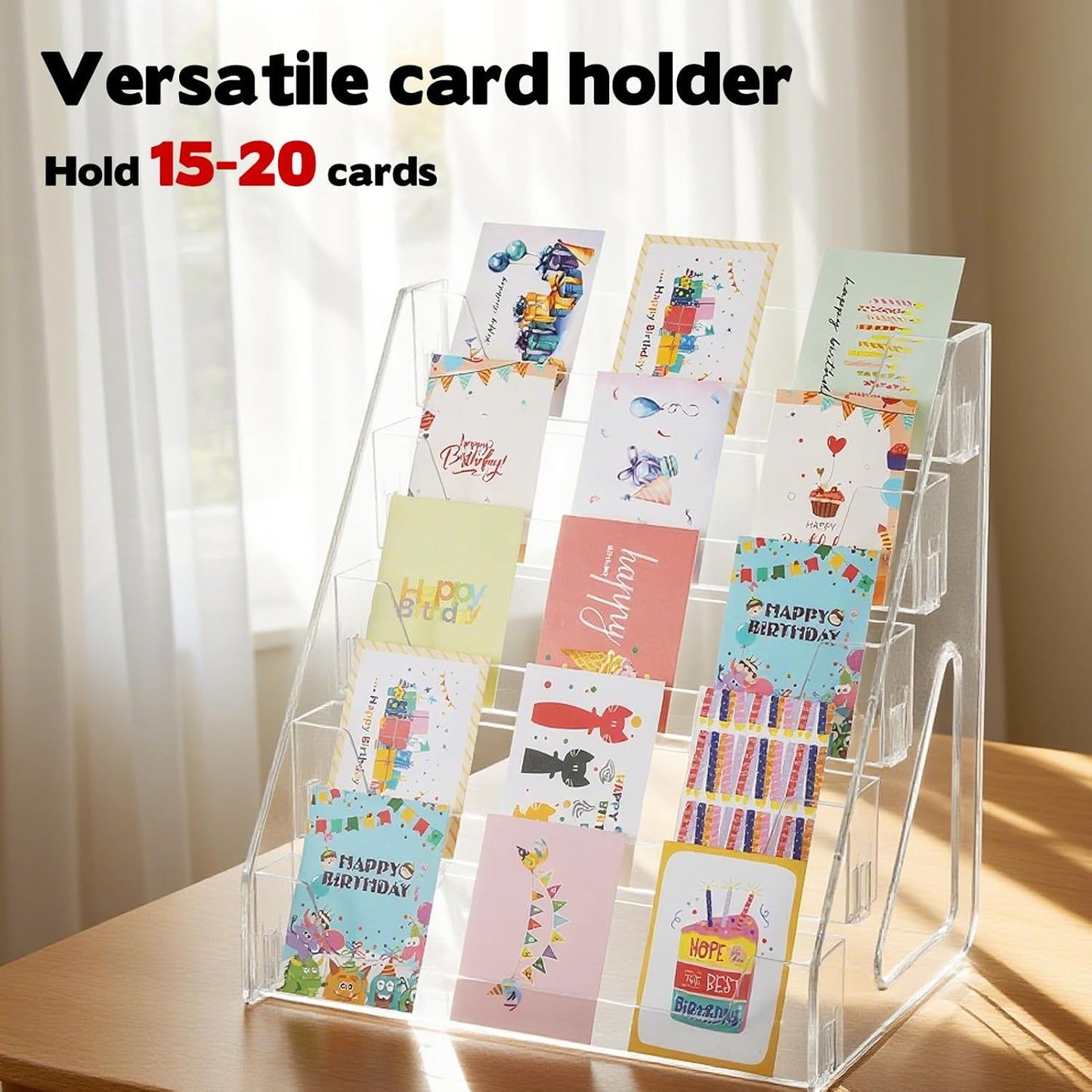 5 Tier Acrylic Card Display Stand(Tall Height), Clear Display Shelf Desktop for Trading Cards, Sports Cards, Greeting Card, Stickers & Brochures, Easy Clip-On Design