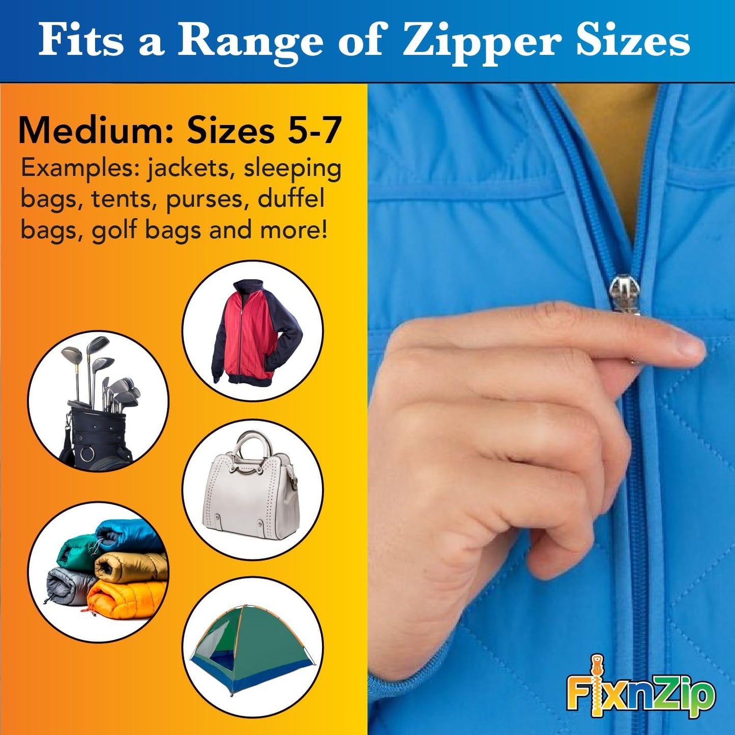 FixnZip (Medium, Nickel) - See Size Guide - Universal Zipper Repair Kit for Jackets, Luggage, Bags - Backpack Zipper Replacement Repair Kit - Instant Zipper Fix