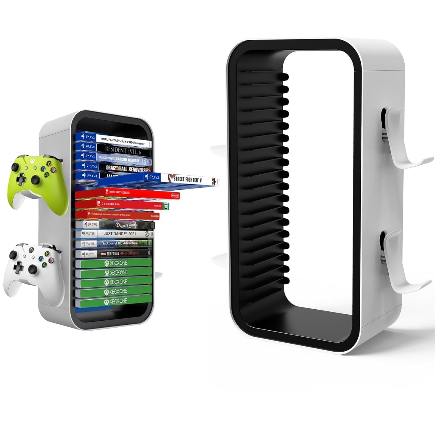 wigmoa OYO-1【15.8INCH】 game Storage Tower Compatible with PS5/ Xbox Series S & X/Switch, Universal Video Games Discs Organizers 18 PCS with 4 Controllers Holder, Game Disk Box Stand.(White/Black)
