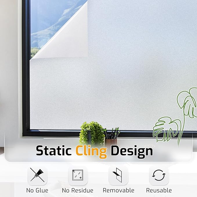 LUTE Window Privacy Film, Frosted Glass Window Film for Bathroom, Static Cling Removable Heat Control Glass Coverings, Non Adhesive Opaque Door Sticker for Home Office (Pure, 35.4" x 157.4")