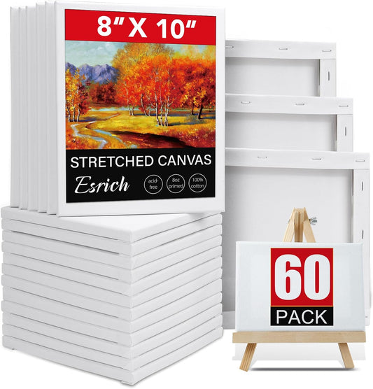 ESRICH Stretched Canvases for Painting 8x10, 60 Pack 8x10 Canvases for Painting,Primed Acid-Free Cotton Blank Canvas, Paint Canvases for Oil & Acrylic Paint.