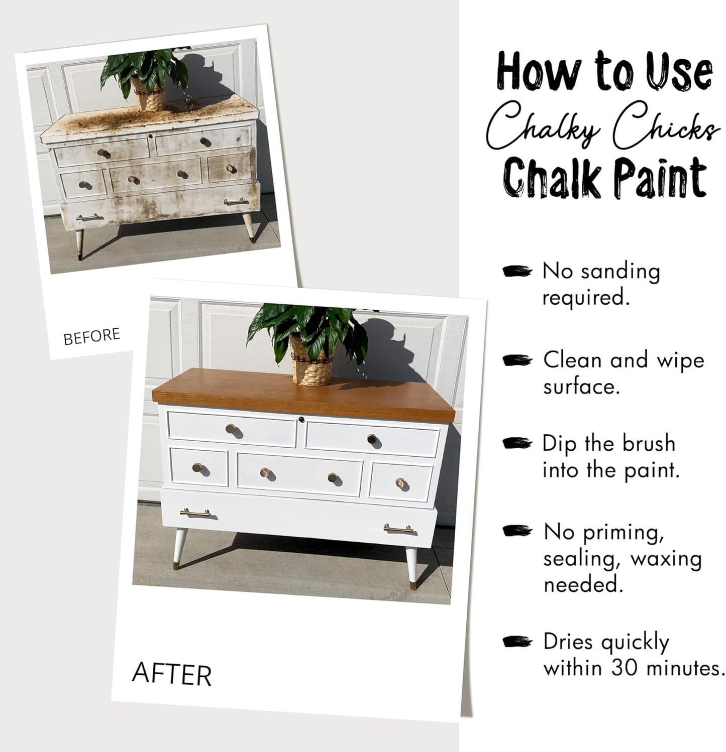 Chalky Chicks All-in-One Chalk Paint for Furniture or Cabinet -32 FlOz-Matte Finish Powdered Snow (Pure White) for Metal, Wood Furniture Paint - No Sanding All-in-One for Home Decor & Crafts, USA Made