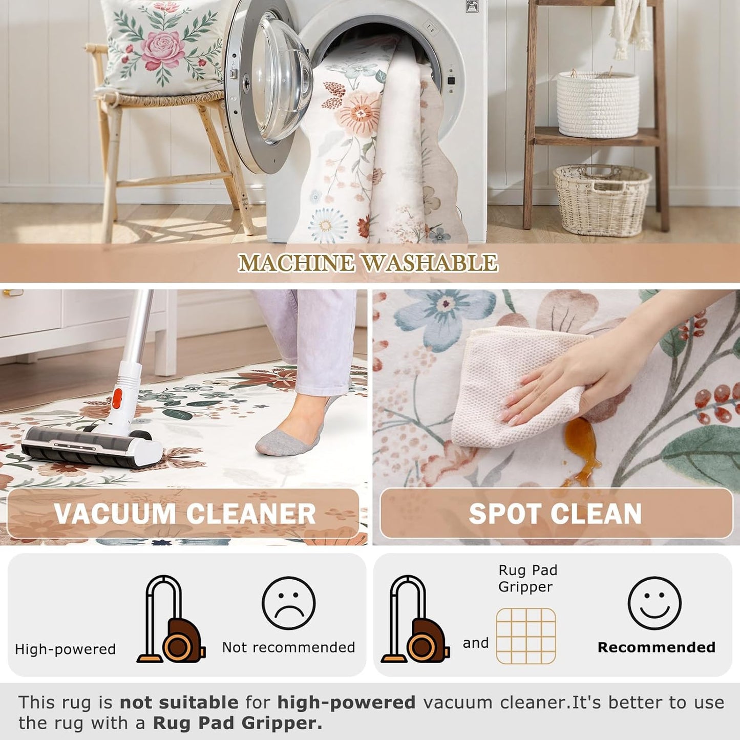 Beeiva Living Room Area Rug 6 x 9 - Scalloped Floral Printed Boho Flower Rugs for Bedroom Playroom Soft Non Slip Large Aesthetic Carpet for Nursery Dorm Office(Beige,6x9ft)