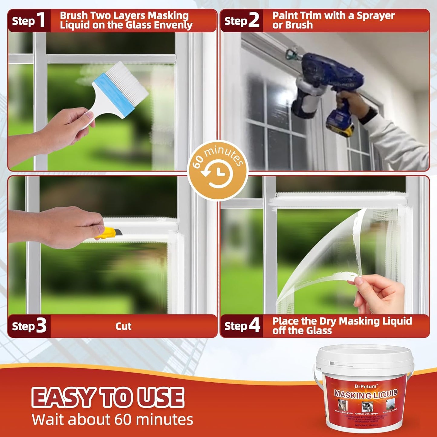 Masking Liquid Tape, Transparent Peelable Coating for Protect Windows Glass, Used for Priming Windows, Floors and Non-Porous Surfaces Painting, 1 Quart (with Paint Brush)