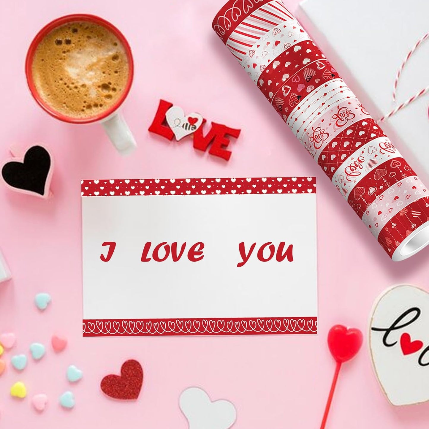 12 Rolls Love Heart Washi Tape Set, Red Stripe Checked Masking Tapes, Red Heart Decorative Tape for Journaling Supplies, Wedding Party, Junk Journal, Scrapbooking, Planner, DIY Arts Crafts 16.4FT