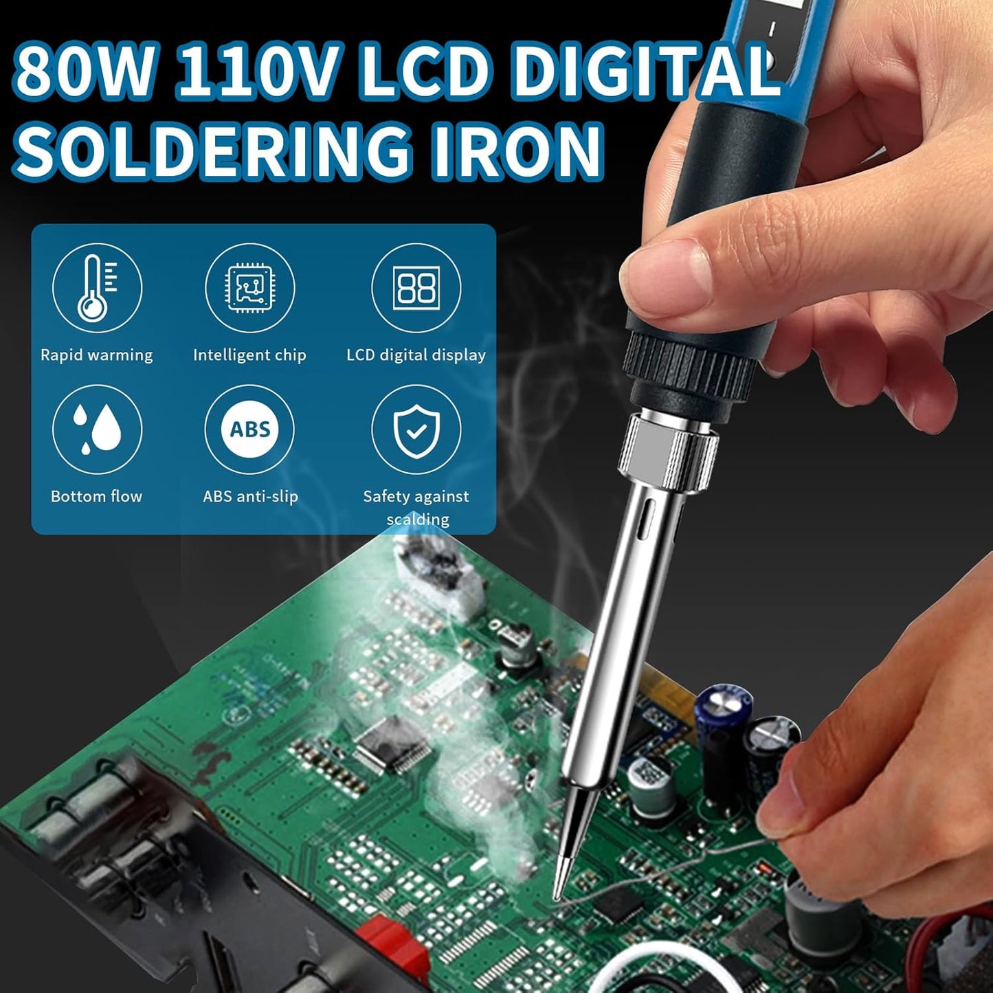 Soldering iron kit, 110V, 80W, fast heating within 10 seconds LCD digital adjustable temperature soldering iron gun, thermostatic soldering iron kit for electronic equipment