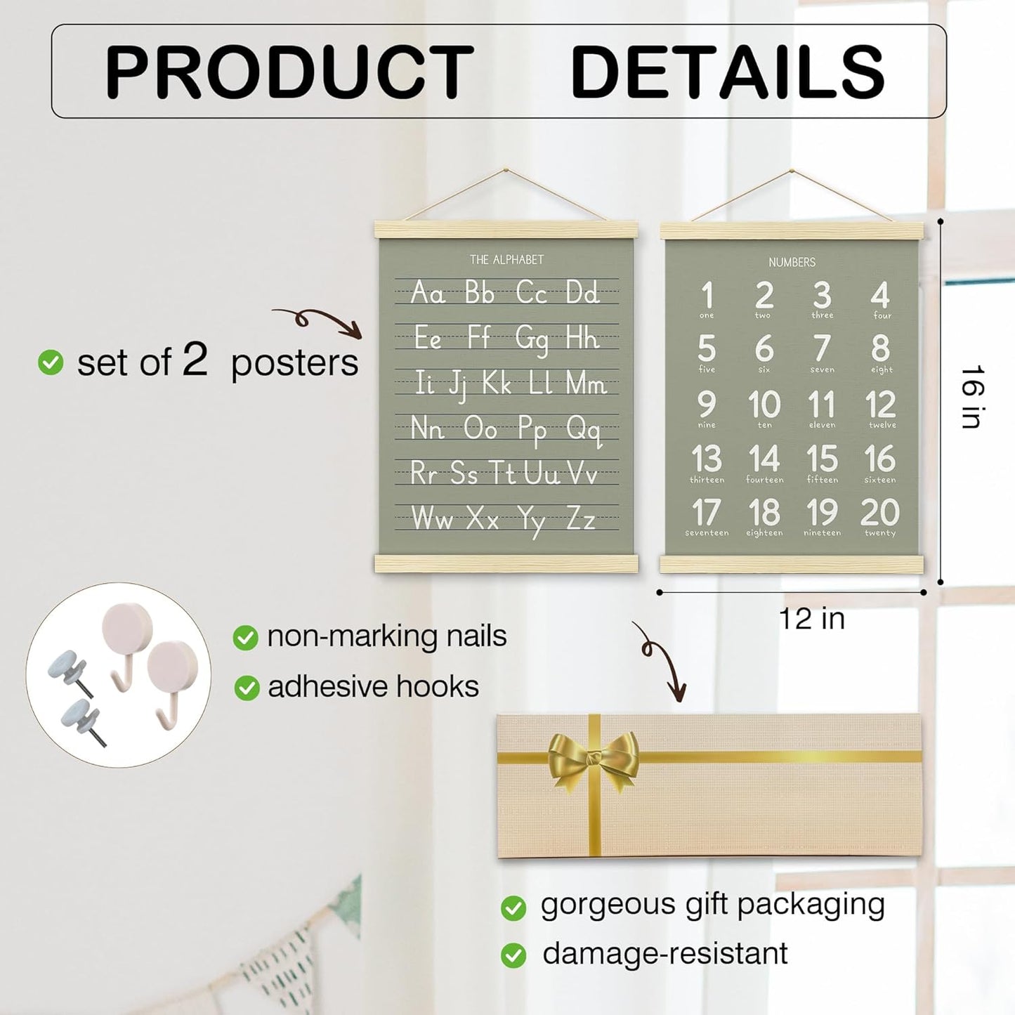 BONETAT Numbers alphabet poster for Nursery Toddlers, Play Room Wall Decor, ABC Wall Chart, Wall Hanging Decor for Toddler Playroom Decor Kids Wall Decor, Wooden Frame Alphabet Banner-A06