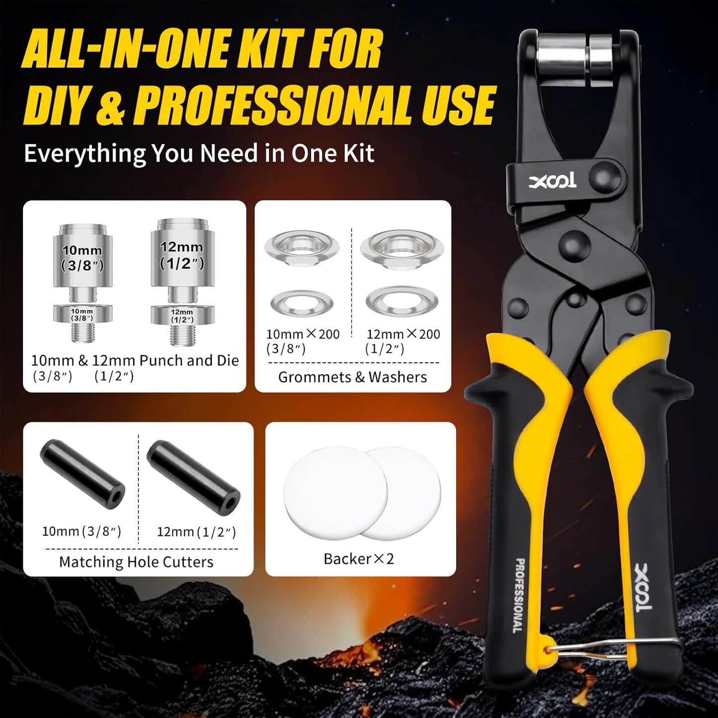 XOOL 2-in-1 Grommet Tool Kit, 1/2" & 3/8" 12mm&10mm Twist-Change Heads, Leathercraft Punching Tool with Magnetic System for Canvas, Leather, Tarps, DIY - 400PCS Grommets & Washers Included