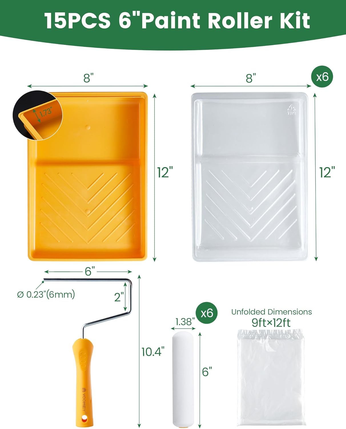 voomey 15 Pcs 6 Inch Paint Roller Kit with Small Paint Roller, Paint Tray with Liners, Foam Paint Roller for Painting Door, Walls, Cabinet