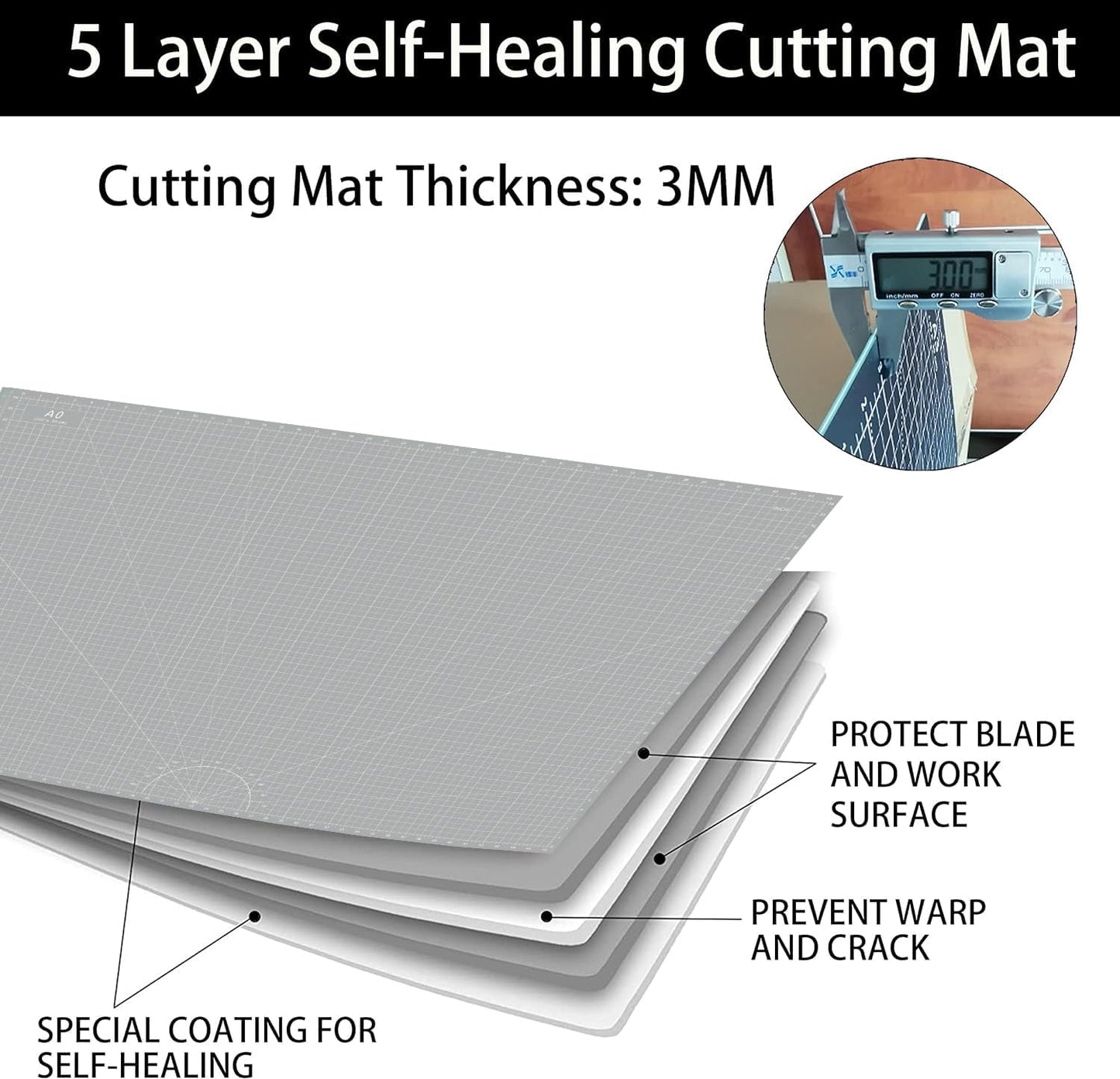 Headley Tools Thickened 36 x 48 Inch Self Healing Sewing Cutting Mat, A0 Rotary Cutting Sewing Mat for Crafts, Double Sided 5-Ply Table Cutting Board for Fabric Quilting Leather Hobby, Grey/Black