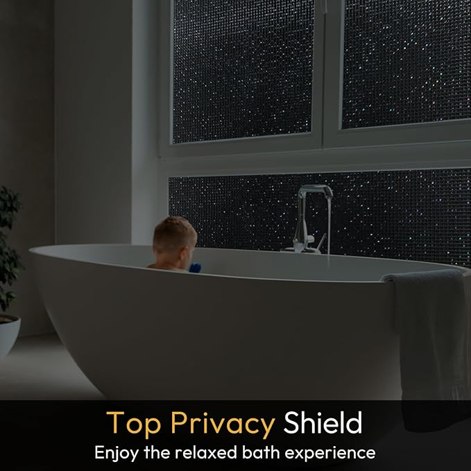 rabbitgoo Window Privacy Film Blackout Mosaic Static Cling Decorative, Removable Rainbow Window Film, Non-Adhesive Heat Control UV Blocking for Bathroom, 35.4 x 78.5 inches Black
