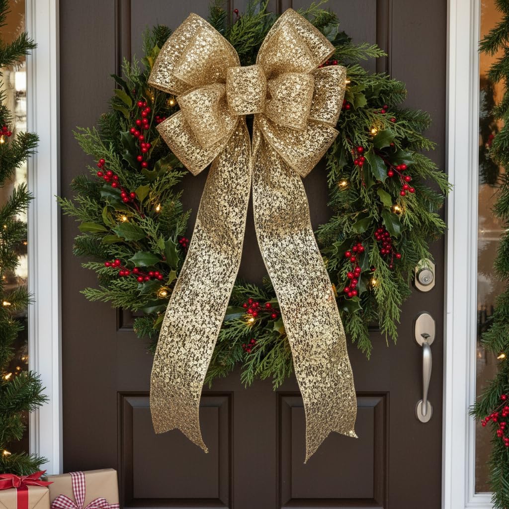 CT CRAFT LLC Sparkling Glitter Mesh Wired Ribbon 4" x 10 Yards Gold for Christmas Home Decor Bow Gift Wrapping DIY Crafts Wreath