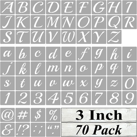 3 Inch Alphabet Letter Stencils for Painting - 70 Pack Letter and Number Stencil Templates with Signs for Painting on Wood, Reusable Cursive Letters Stencils for Chalkboard Wood Signs & Wall Art