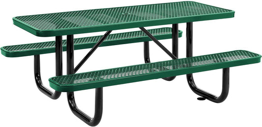 Global Industrial 6’L Rectangular Picnic Table, Expanded Metal, Green Thermoplastic Coating, Attached Benches, 1-1/2” Umbrella Pole Hole, Outdoor-Rated, 1000 lb Capacity, 72” x 30” Tabletop