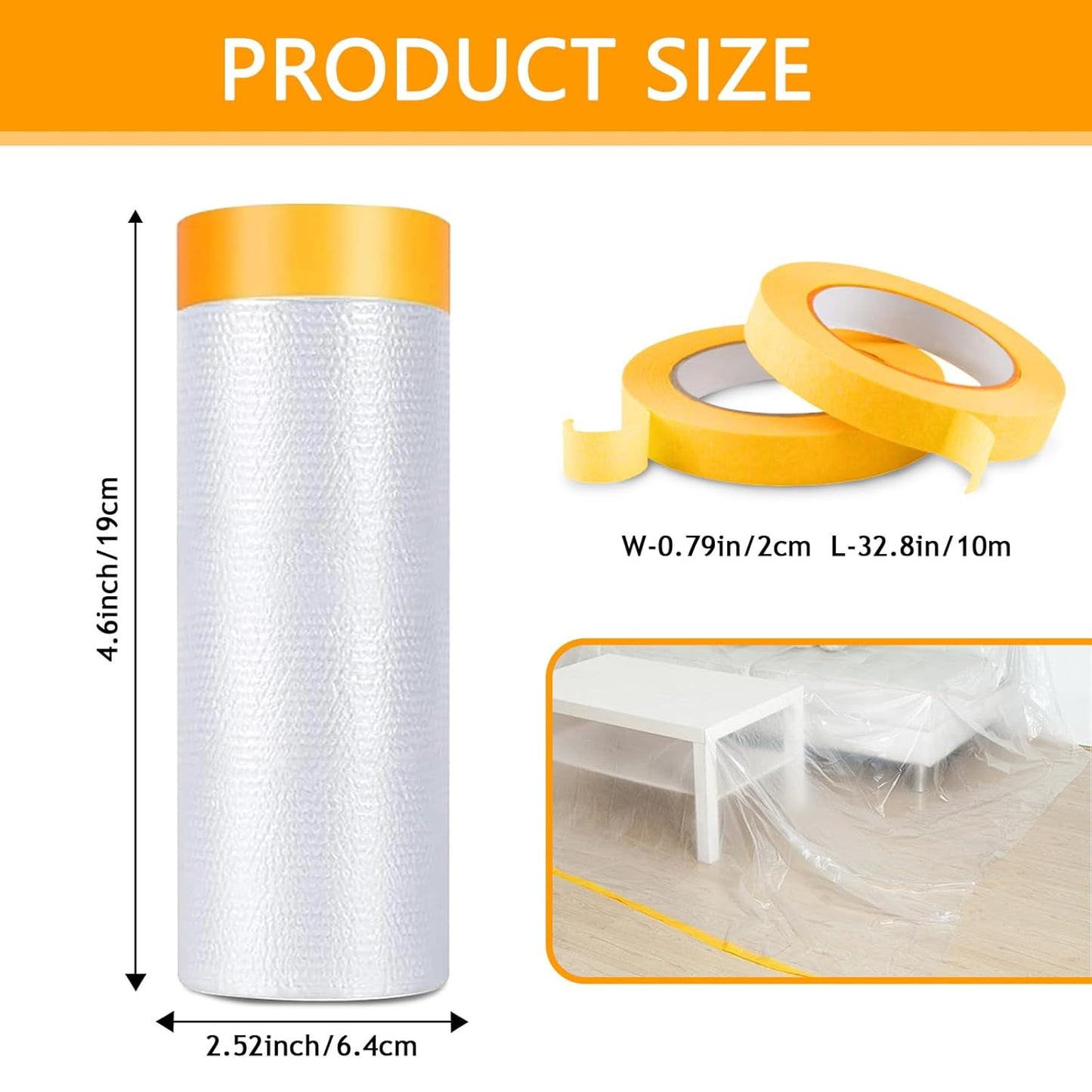 Pre-Taped Masking Film for Painting 59inx65ft Plastic Painters Sheeting Tape and Drape Painters Paper Rolls for Automotive Painting Covering (4 Rolls+2 Tapes)