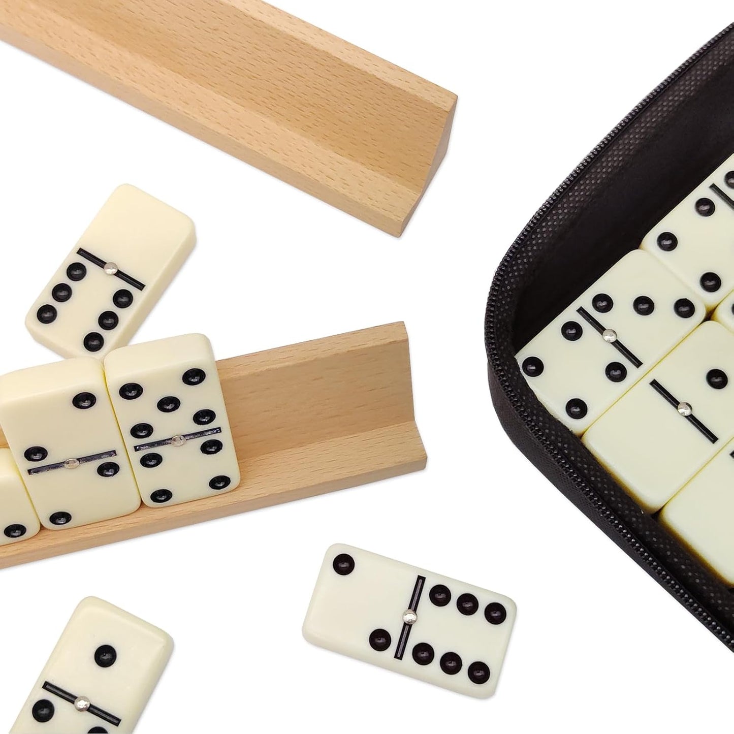 Dominos Set for Adults with 4 Wooden Racks, Double 6 Dominoes Game Set with 28 Colored Domino Tiles Double Six Dominos Set with Travel Case - Classic Board Games