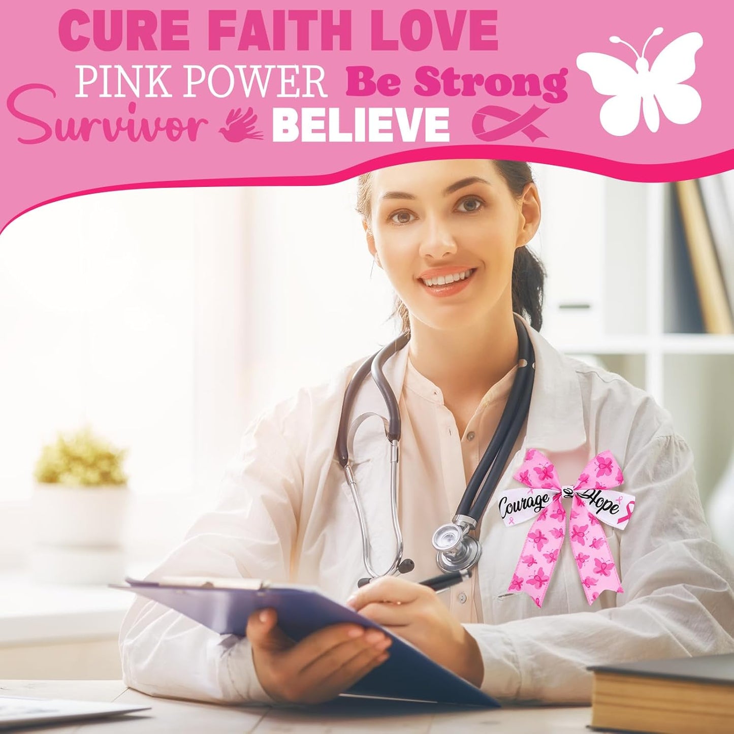 12 Rolls 60 Yards Breast Cancer Awareness Wired Edge Ribbon Pink Butterfly Patterned Ribbon Faith Hope Love Bow Making Craft Wrapping for Women Gift Wrapping Activities Home Accessories Decor