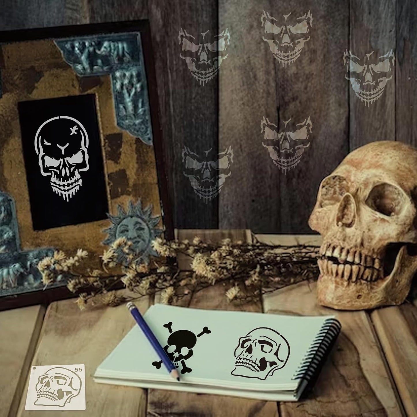 Small Stencils for Painting on Wood Reusable, 3 Inch Reusable Stencil for Craft Ornament Paint Template Stencils for Wall Card Rock Wood Signs Coasters Canvas Home Decor (Skull)