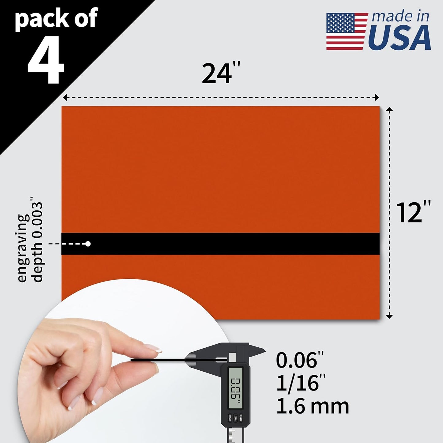 Trotec TroLase | 12"x24"x1/16", 4 Pcs | Orange/Black| 2 Ply | Modified Acrylic | Laser Engraving Double Color Plastic Sheet | Engraving Blanks for Laser, Saw, Guillotine | Made in USA