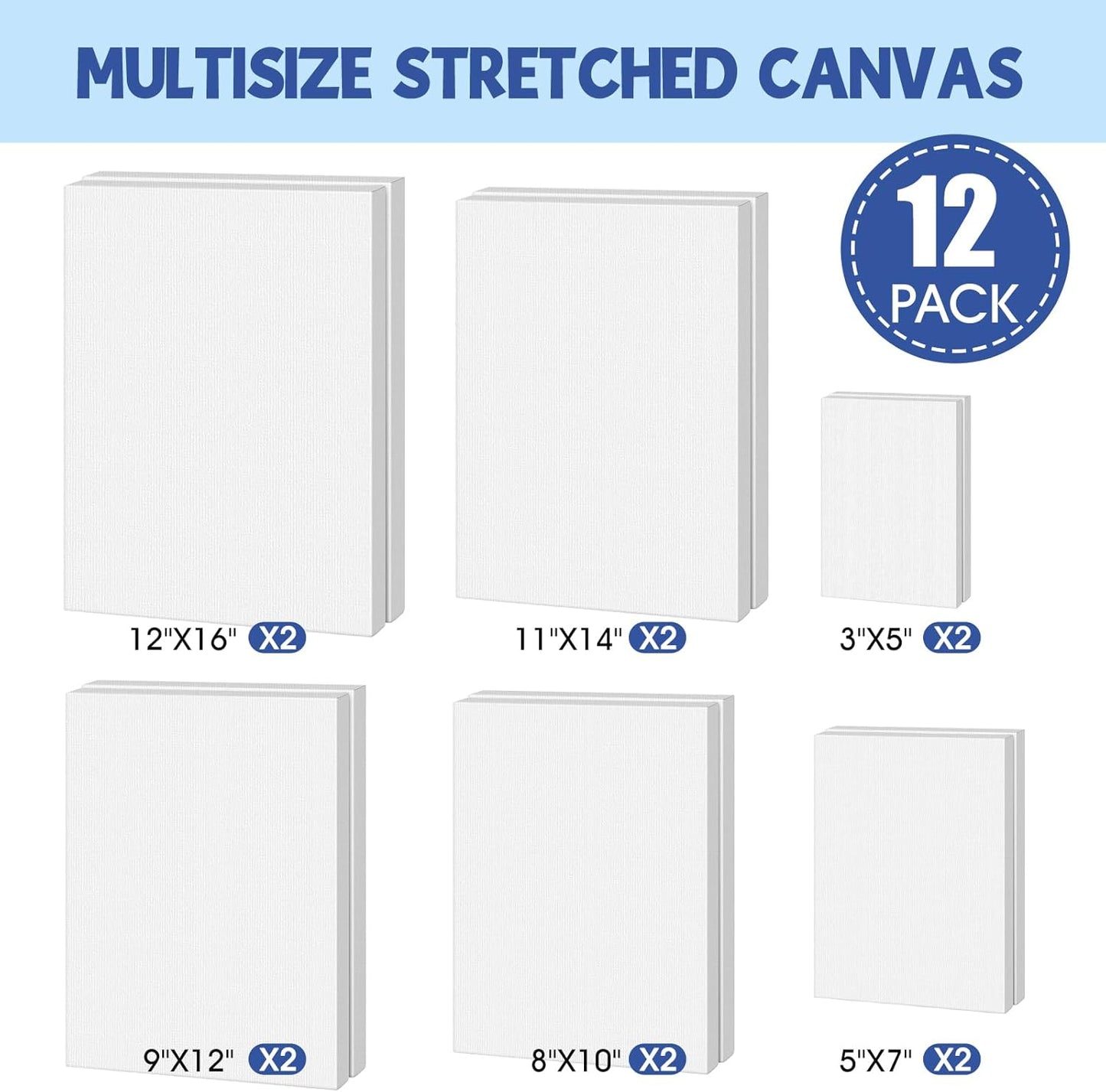 FUMILE Stretched Canvas for Painting, Blank Canvases for Painting Multi 12 Pack 3x5, 5x7, 8x10, 9x12, 11x14, 12x16 (2 of Each), Primed Acid Free Painting Canvas for Beginners & Artists.