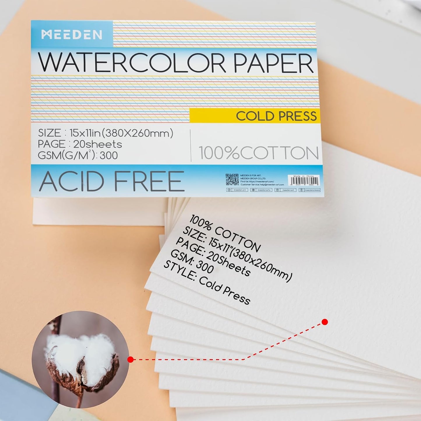 MEEDEN Watercolor Paper Block - 100% Cotton Watercolor Paper Pad of 20 Sheets, 140lb/300gsm, Acid-Free Art Paper for Watercolor, Gouache, Ink and More, 15" x 10" Cold Press