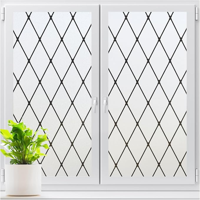 LUTE Frosted Window Privacy Film, Static Cling UV Sun Blocking Heat Control Window Cover, Removable Non-Adhesive Glass Sticker Vinyl Decorative Bathroom Frosting Decals, Black Lattice, 23.6" x 157.4"