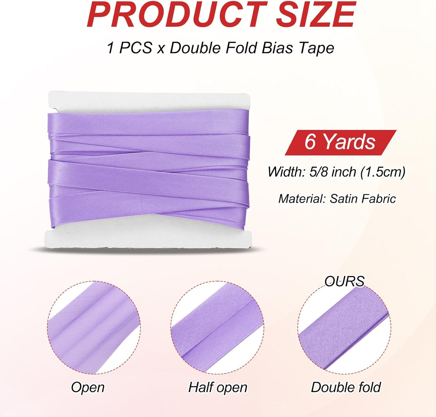 MECCANIXITY Double Fold Bias Tape for Sewing 5/8 Inch x 6 Yards Satin Pre-fold Continuous Binding Tape for Seaming Quilting Hemming Binding DIY Crafts, Light Purple