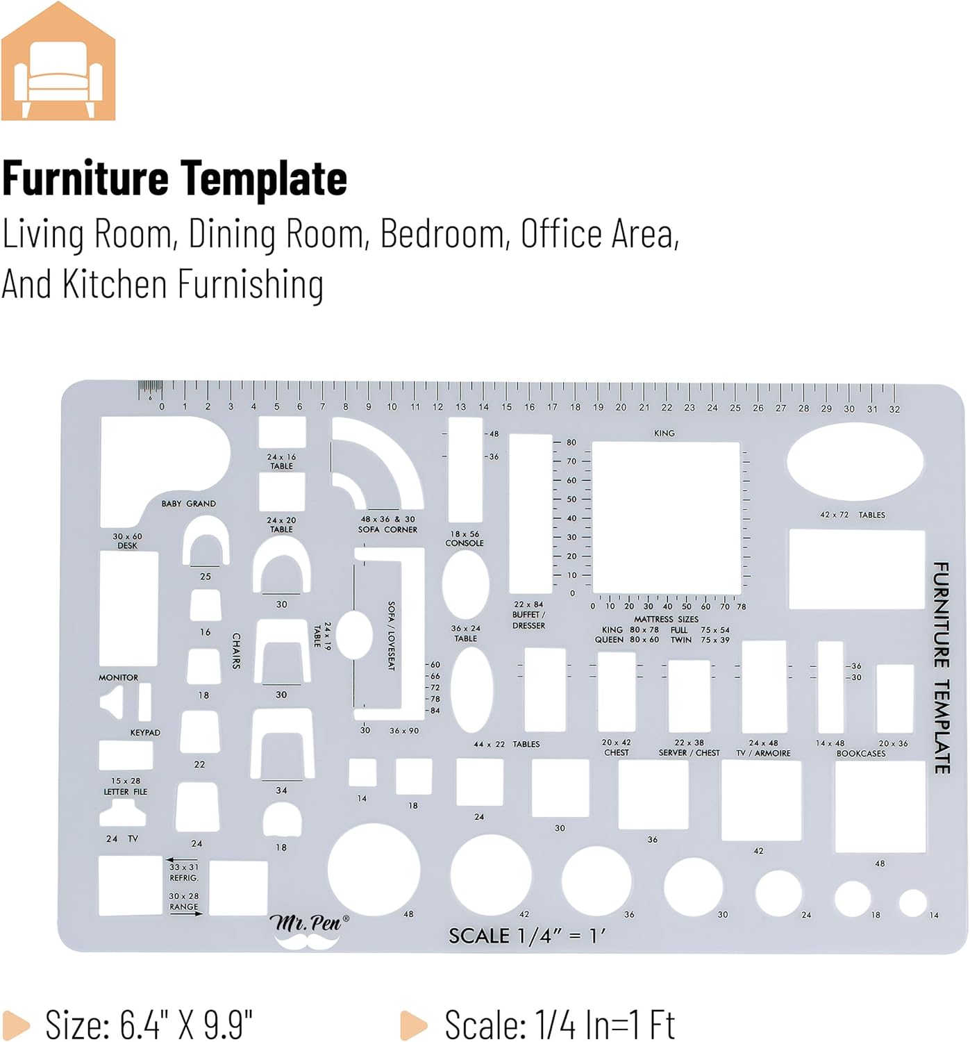 Mr. Pen- House Plan, Interior Design and Furniture Templates, Drafting Tools and Ruler Shapes for Architecture - Set of 3