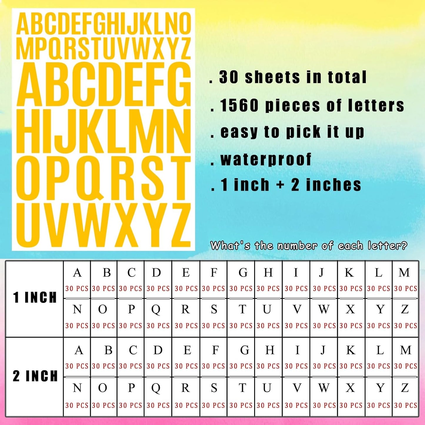 Bemeol Letter Stickers 1560 Pieces 30 Sheets Stick on Vinyl Letters Capital Alphabet Sticker Letter for Craft Bulletin Boards Classroom Home Business Decor(Yellow,1 Inch,2 Inch)