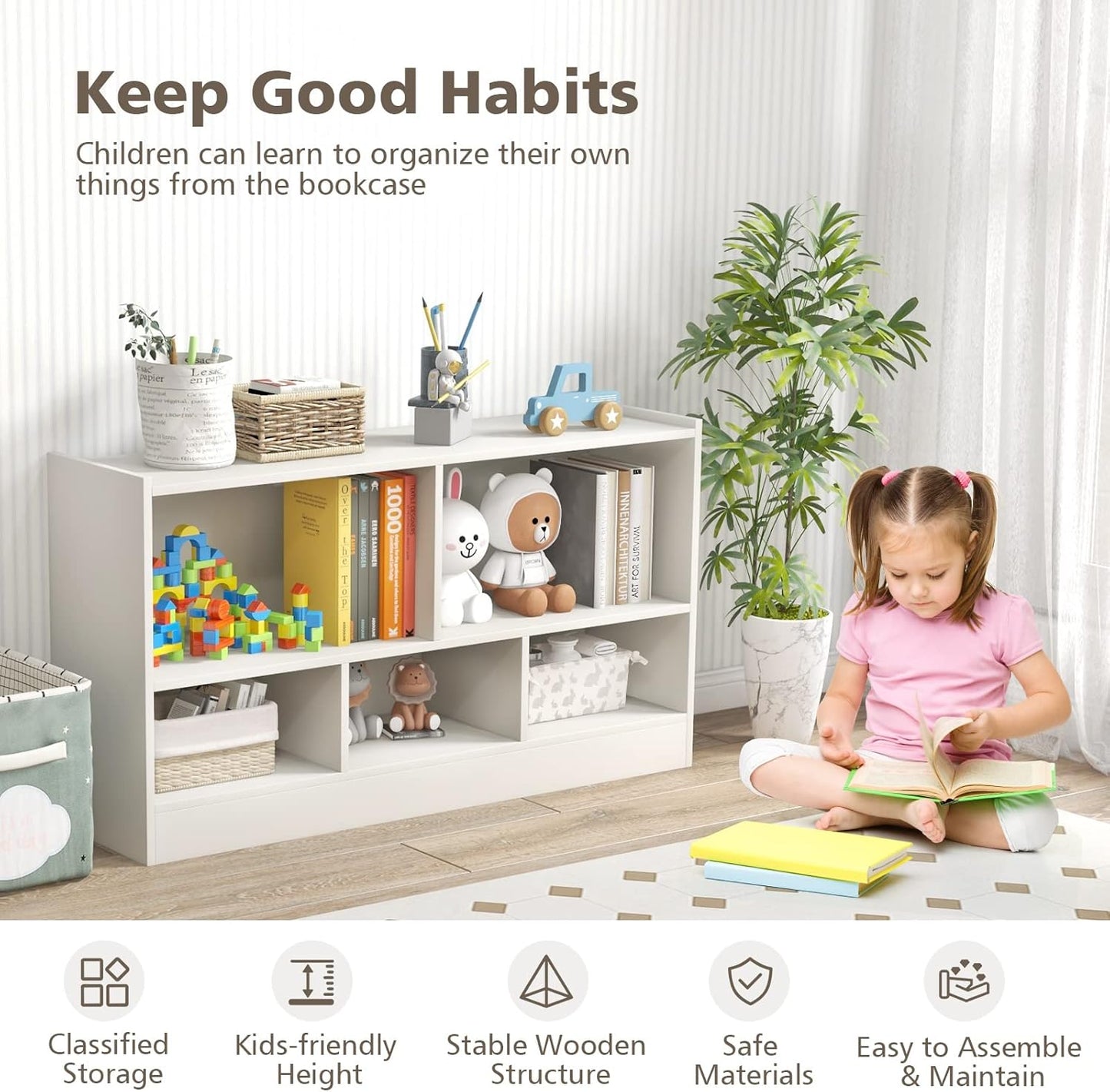 Toy Storage Organizer, 2-Tier Kids Bookshelf, 5 Cube Kids' Bookcases, Cabinets & Shelves, Wooden Toy Organizers, Small Book Shelf for Bedroom, Playroom, Classroom, Nursery (White)