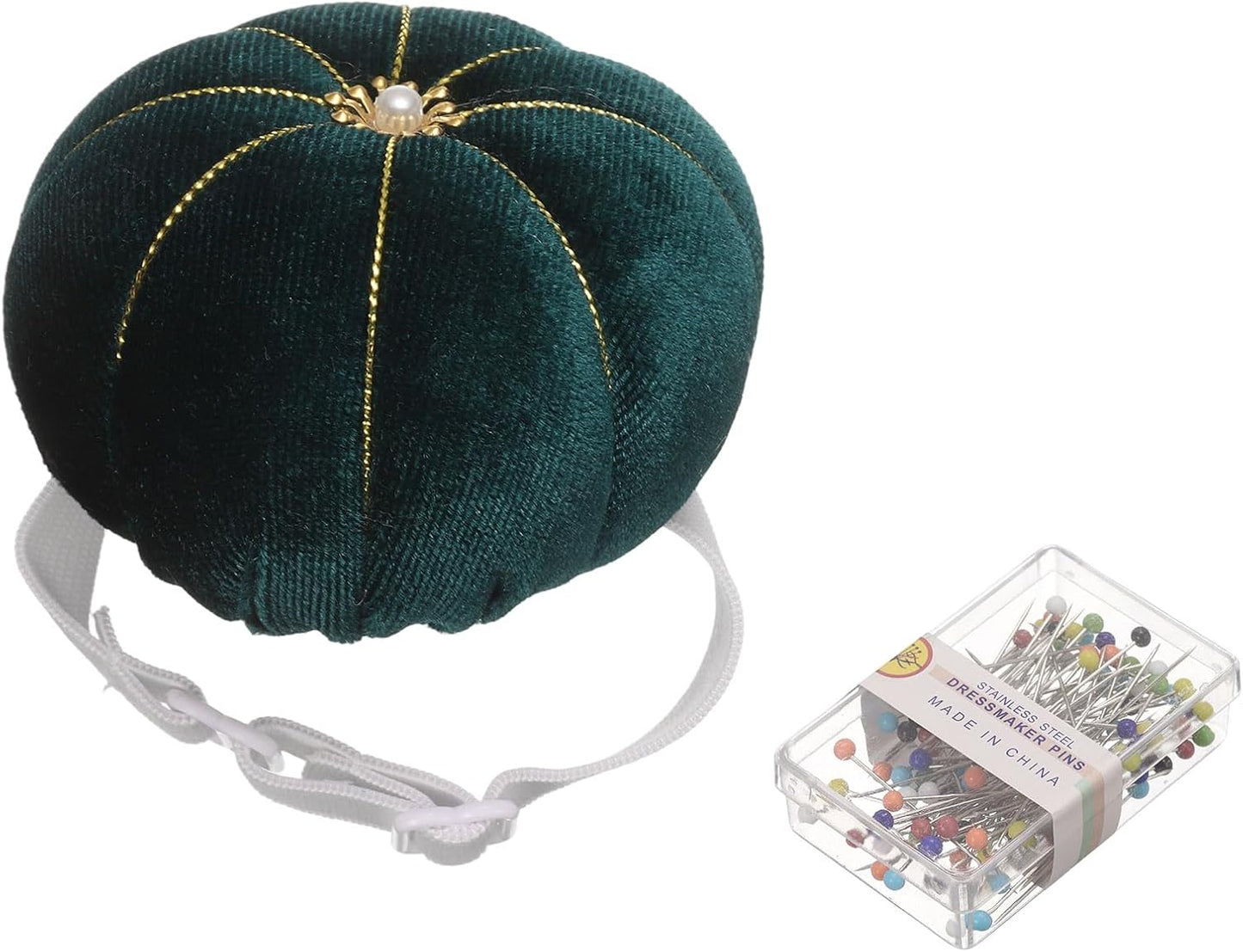 HARFINGTON Wrist Pin Cushion Wristband Sewing Pincushion Polyester Pin Holder Wearable Pumpkin Shaped Needles Wristband with 100 Head Needles for Sewing Quilting DIY Crafts, Green