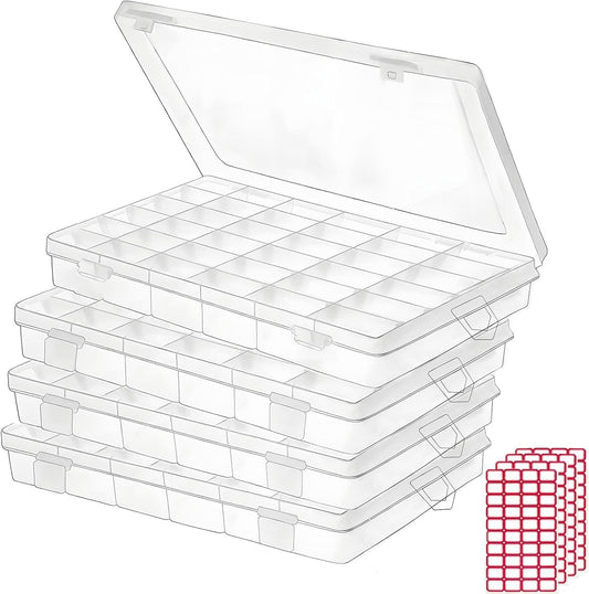 4pack 36 Grids Plastic Clear Organizer Box Bead Storage Containers with Adjustable Dividers for Craft Jewelry Fishing Tackles Parts Storage with 4 Sheets Label Stickers