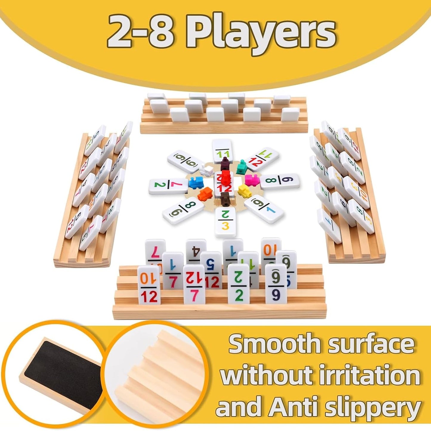 Mexican Train Dominoes Set with Numbers and 8 Wooden Holders, Double 12 Dominos Set for Kids, Adults Travel Domino Train with 91 Tiles and Upgrated Hub, Classic Board Games for Family Night