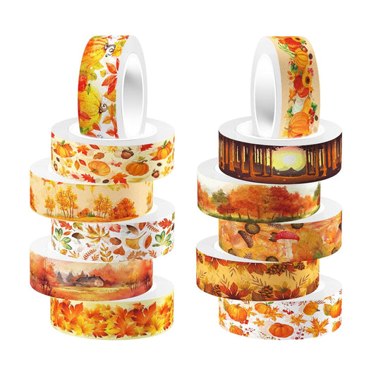 12 Rolls Autumn Washi Tape Set, Fall Maple Leaves Pumpkin Sunflower Thanksgiving Decorative Tape for Bullet Journal, Planner, DIY Arts Crafts, Scrapbooking, Gift Wrapping 16.4FT
