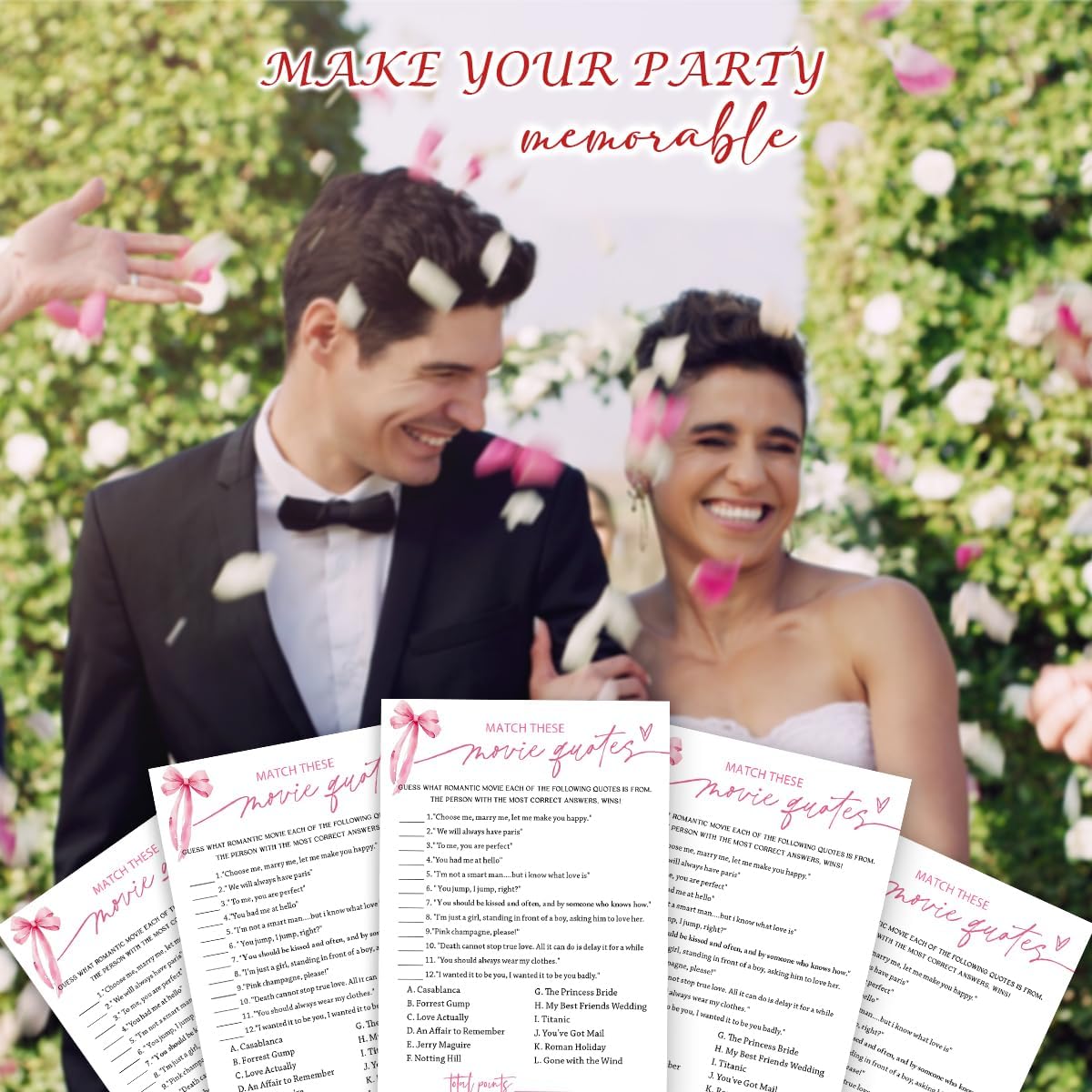 Bridal Shower Games Cards, Match These Movie Quotes, 25 Cards with 1 Answer Card, Engagement Party Games for Guests, Pink Ribbon Bow Wedding Party Supplies - E09