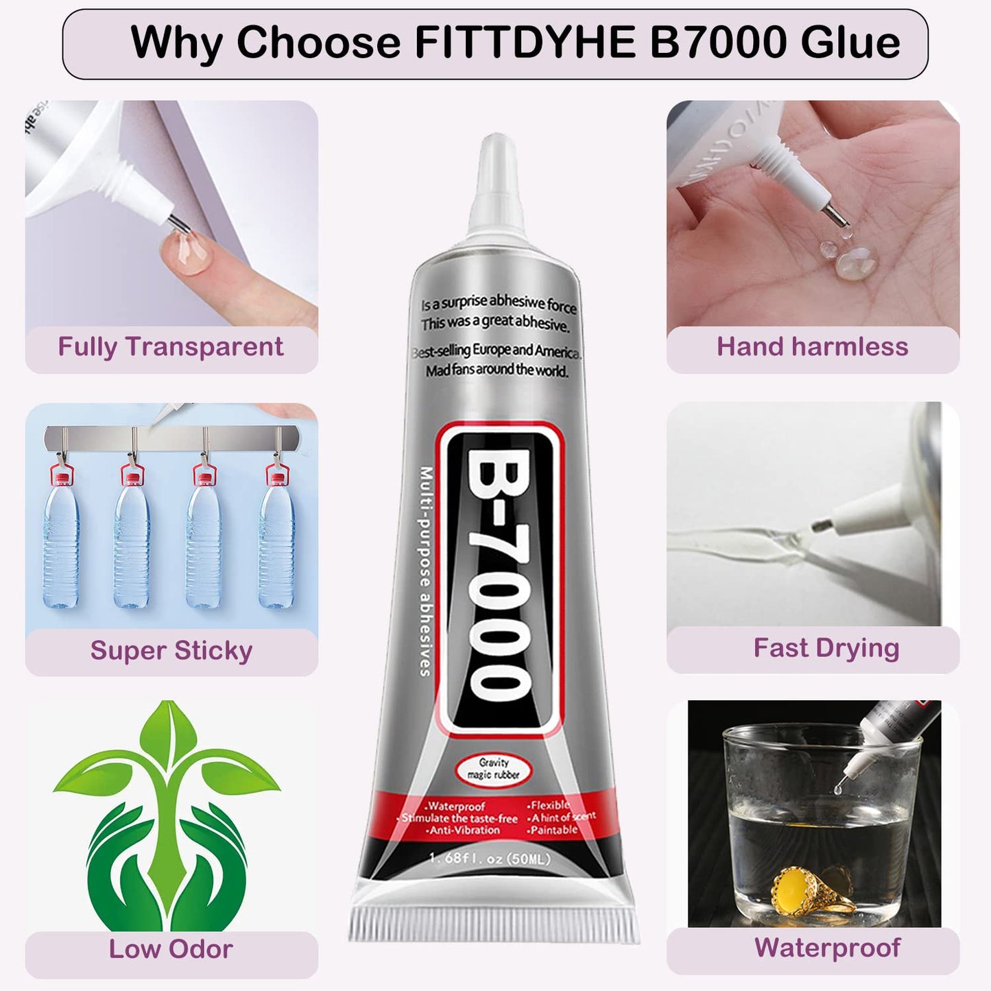 B7000 Jewelry Glue for Jewelry Making, FITTDYHE 2PCS 50ML/1.69 fl oz Clear B-7000 Glue Rhinestone, Multipurpose Super Adhesive for Phone Repair Nail Art Wood Glass Charms