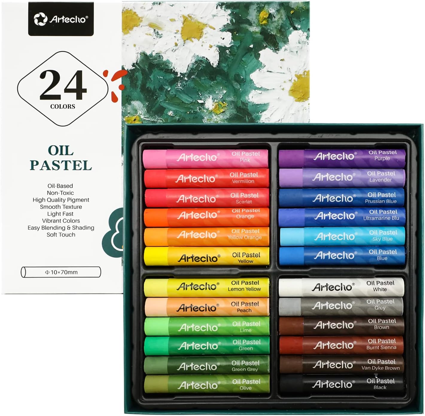 Artecho Oil Pastels Set of 24 Colors, Soft Oil Pastels for Art Painting, Drawing, Blending, Art Supplies for Artists, Beginners, Students, Teachers (10 x 70 mm)