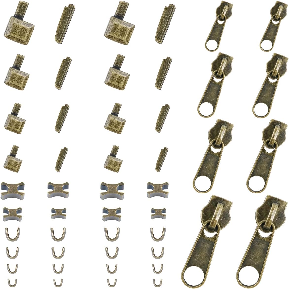 48-Piece Metal Zipper Repair Accessories Set - DIY Sewing Kit with Slider, Retainer, Box Insert, Pin, Top & Bottom Stoppers (Bronze)