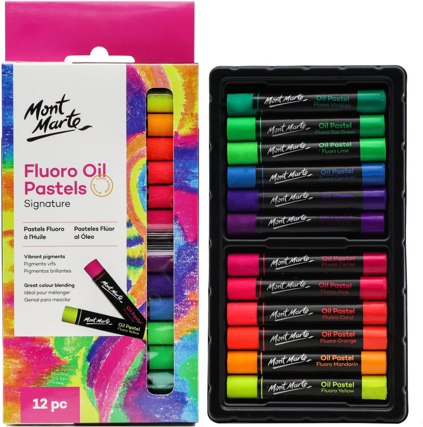 Mont Marte Fluoro Oil Pastels Signature 12pc, 12 Assorted Colors, Vibrant Oil Pastel Set, Great Blending and Layering, Ideal for Art, Craft, Coloring and Sketching