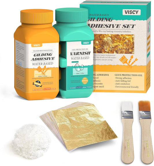 Gold Leaf Adhesive, Gilding Adhesive Set with 100ml Water Based Metal Leaf Glue and 100ml Varnish, 100 pcs Foil, 2 Brushes, Foil Wiping Cotton, for Arts, Crafts and Painting.
