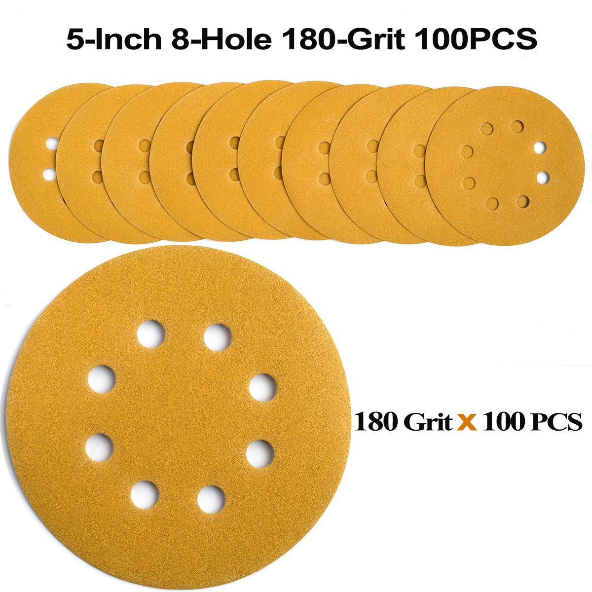5-Inch 8-Hole Hook and Loop Sanding Discs 180-Grit Random Orbit Sandpaper, 100-Pack