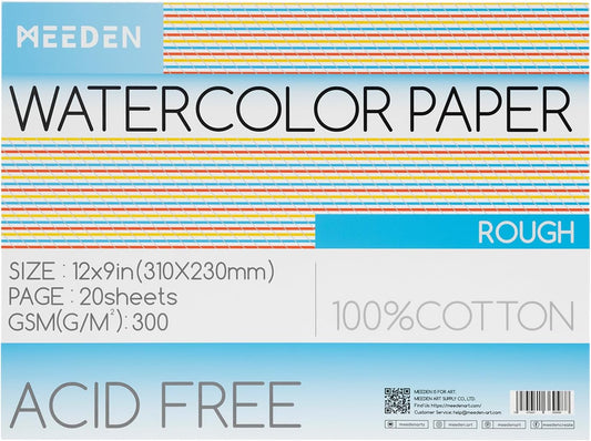 MEEDEN Watercolor Paper Block, 100% Cotton Watercolor Paper Pad of 20 Sheets, 140lb/300gsm, Acid-Free Art Paper for Watercolor, Gouache, Ink and More, 9" x 12" Rough Grain