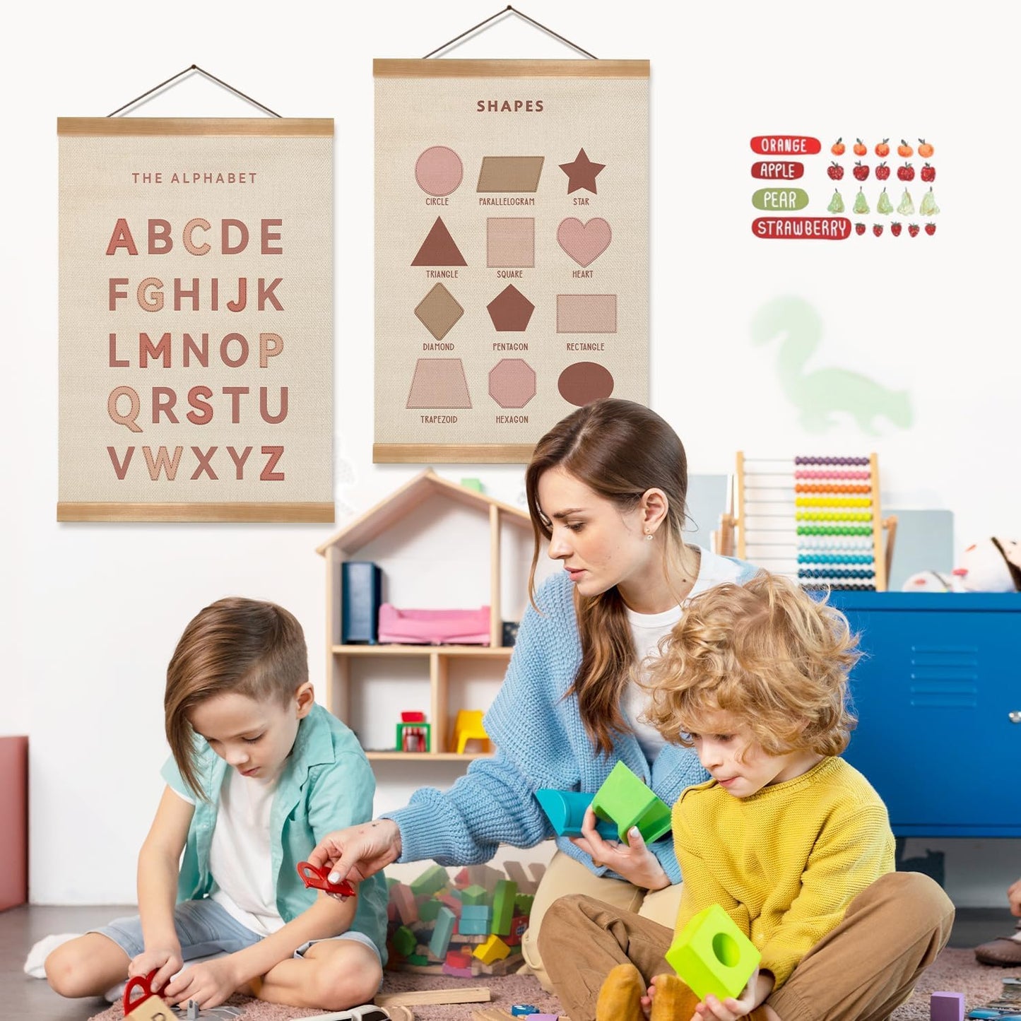 ZTGDA Alphabet Shapes Poster Set of 2, ABC Posters for Toddlers Decor, Shapes Alphabet Learning Poster Hanger Frame Wall Decor for Classroom Nursery Kids Room Playroom Preschool Decor