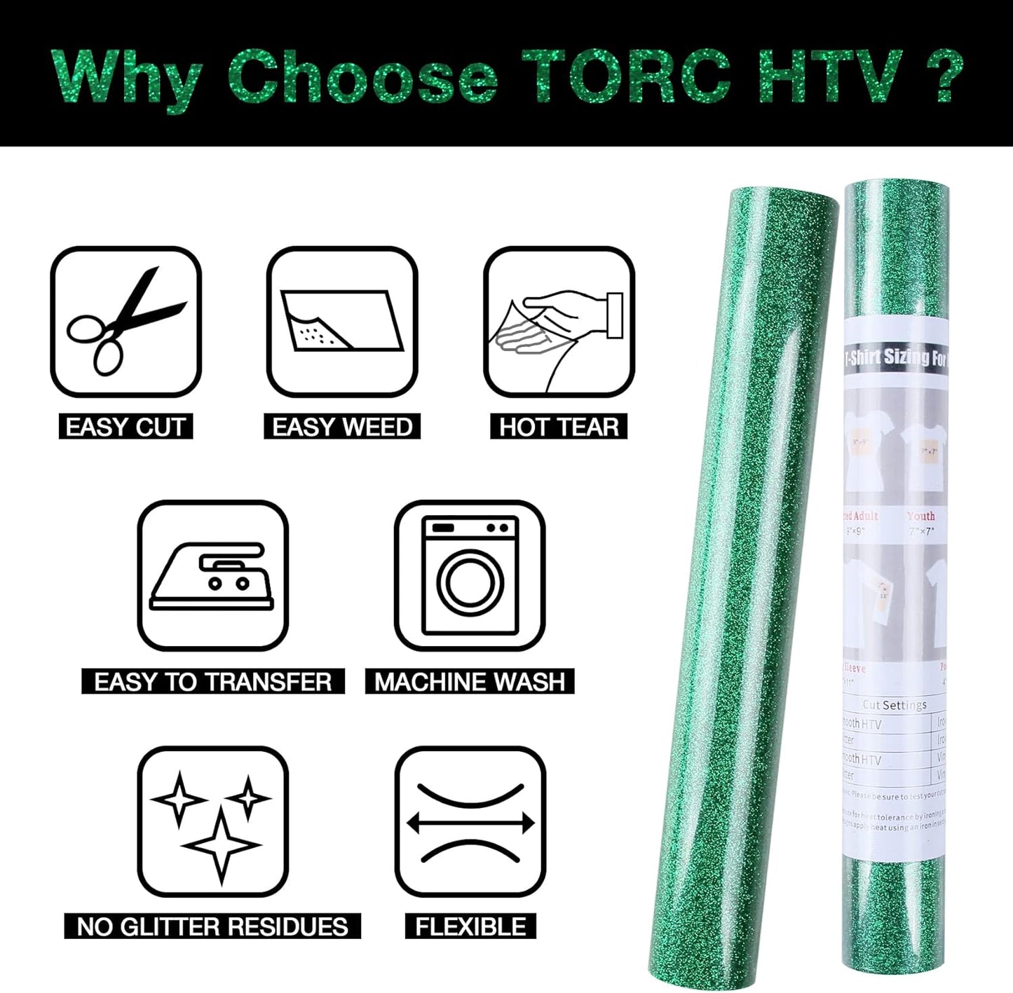 TORC Green Glitter HTV Heat Transfer Vinyl Roll 12 inch x 10 ft Iron on Vinyl for T Shirts Crafts Christmas St. Patrick's Day Decor