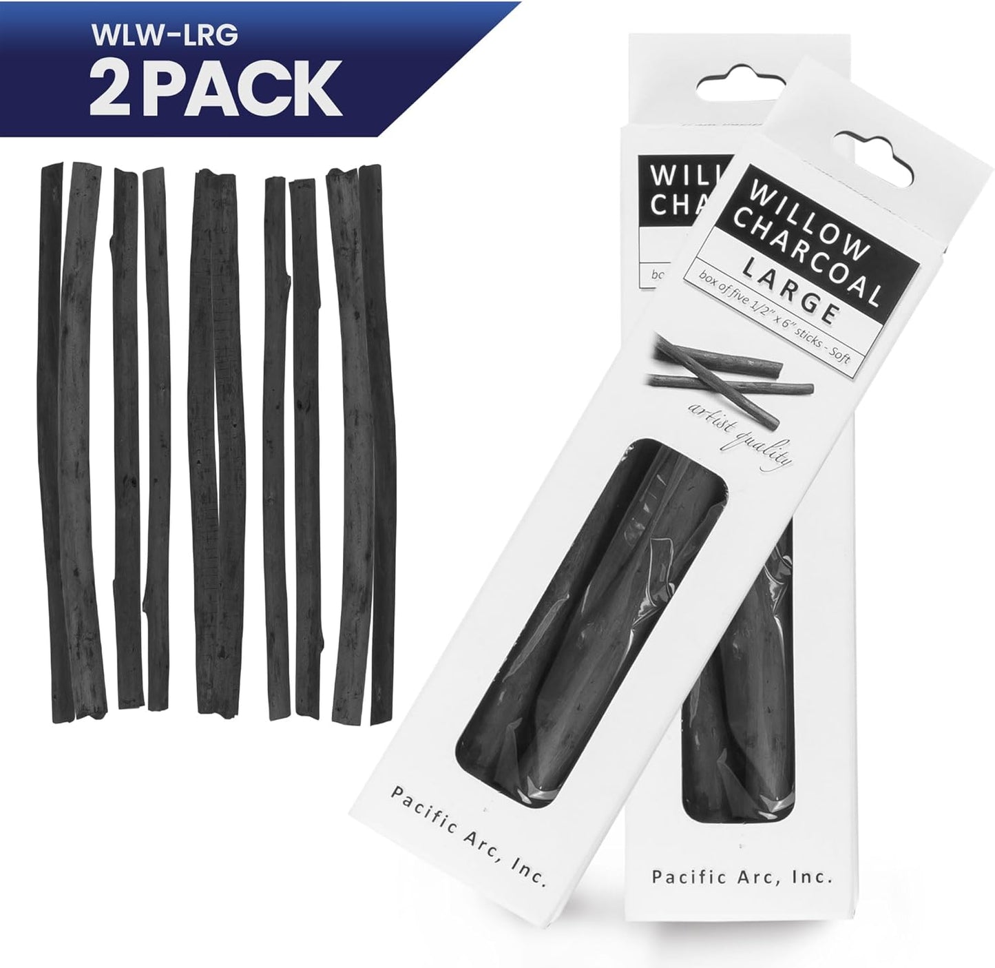 Pacific Arc 2 Pack Large Vine Charcoal Stick 5/Pkg, Soft, Black, Thick Willow Charcoal for Sketching and Drawing