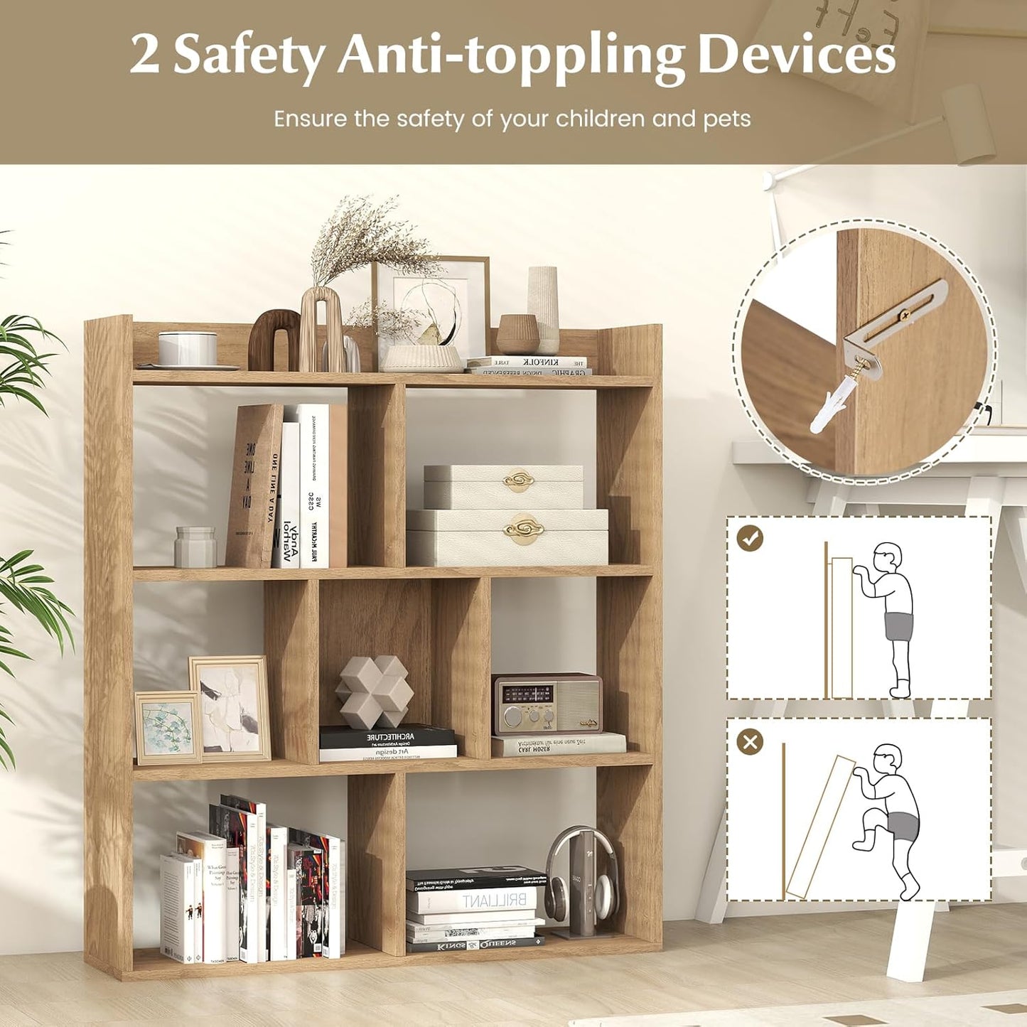 Giantex 7 Cubes Bookshelf, Free-Standing Wooden Bookcase, 4 Tier Home Display Shelf, Horizontal Storage Unit w/Anti-Toppling Devices, Open-Back Display Rack for Study, Living Room (1, Natural)