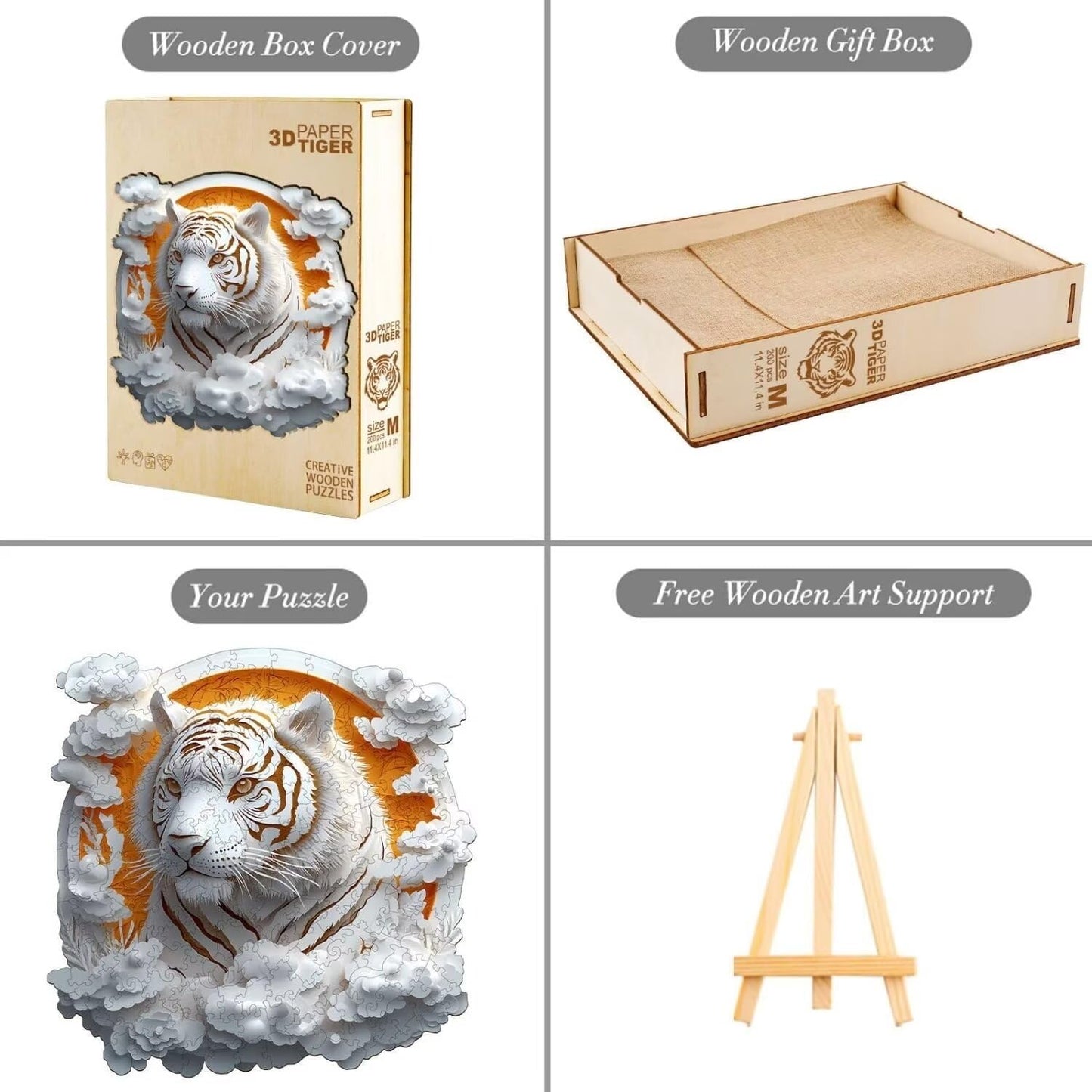 Wooden Puzzles Adults, 3D Paper Tiger Wooden Puzzles 200 Pieces, Unique Animal Shaped Wood Challenging Jigsaw Puzzles Gifts for Adults, 11.4x11.4in
