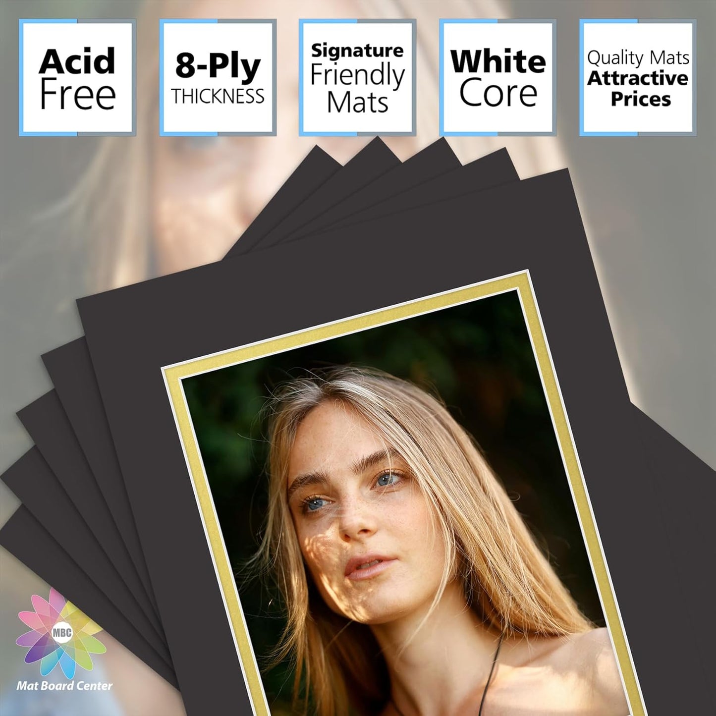 Mat Board Center, Double Mat - Acid Free, 8-ply Thickness, White Core - for Pictures, Photos, Framing (Black Over Gold, 11x14 for 8x10, Pack of 5)