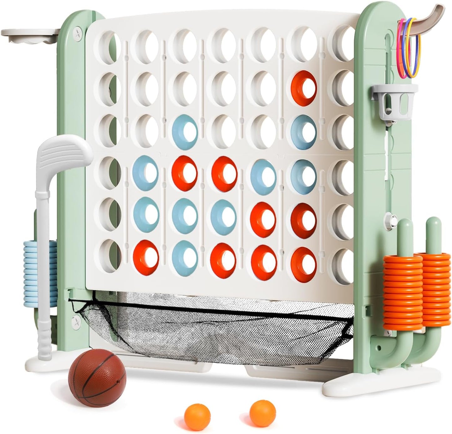 Giant 4 in a Row Connect Game with Mesh Fabric | Height Adjustable 4-in-1 Jumbo 4-to-Score Yard Game Set with Basketball, Golf & Ring Toss | Outdoor Indoor Family Yard Party Game for Kids & Adults