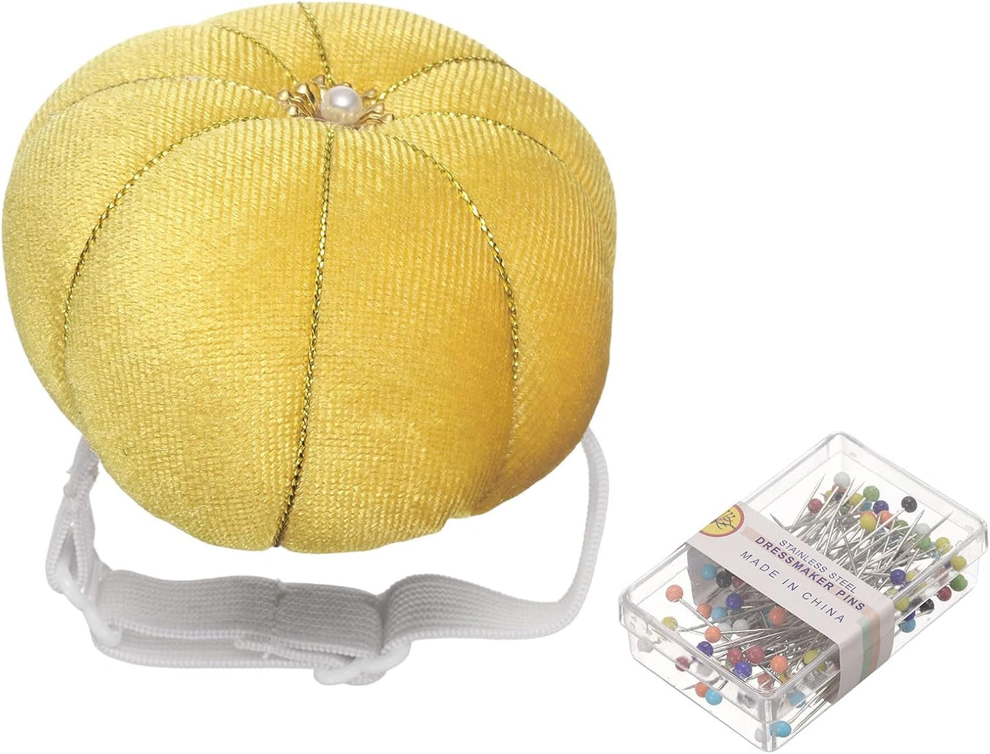 HARFINGTON Wrist Pin Cushion Wristband Sewing Pincushion Polyester Pin Holder Wearable Pumpkin Shaped Needles Wristband with 100 Head Needles for Sewing Quilting DIY Crafts, Yellow